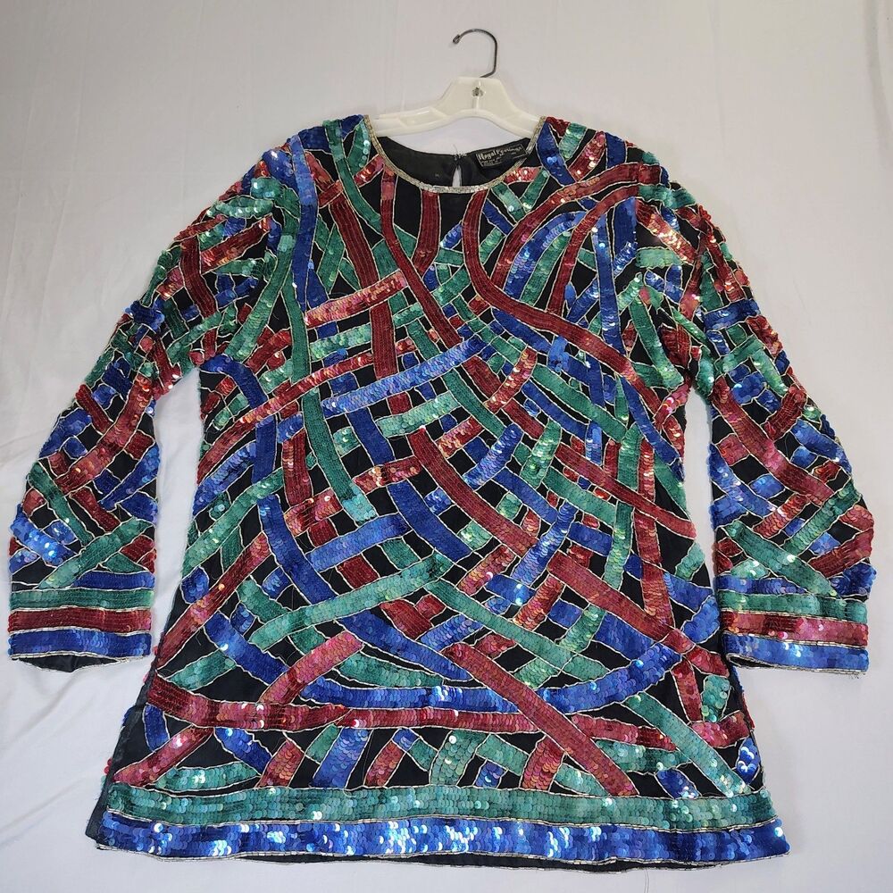 Vintage Royal Feelings 80's Colorful Beaded Sequins Silk Tunic Top Sz XL Vibrant